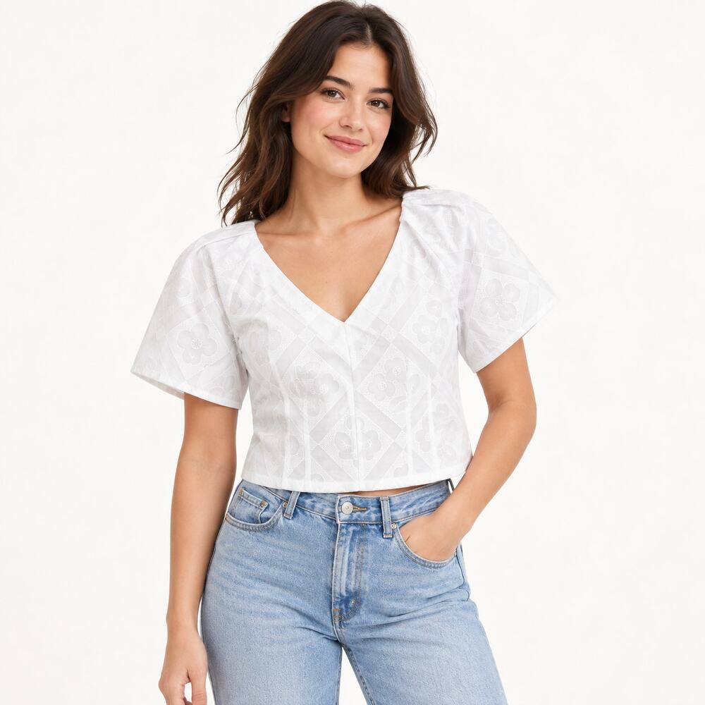 Madewell Top WMNS 14 White Floral Eyelet V Neck Darted Cropped Romantic Feminine